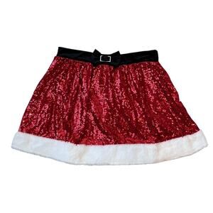 Born Famous Christmas Red Sequin Mini Skirt Faux Fur Trim Bow size XL